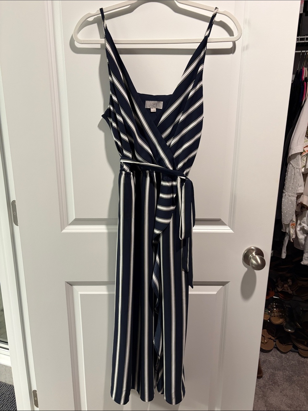 LOFT Navy & White Striped Wrap Jumpsuit